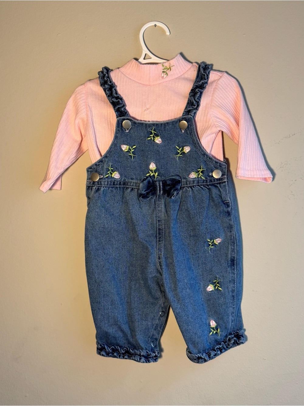 Pink Top with Embroidered Denim Overalls - Baby Girls
